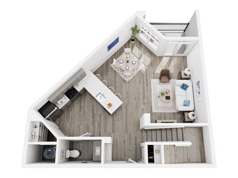 A top-down view of a small, neatly organized apartment with a kitchen, living room, and bathroom.